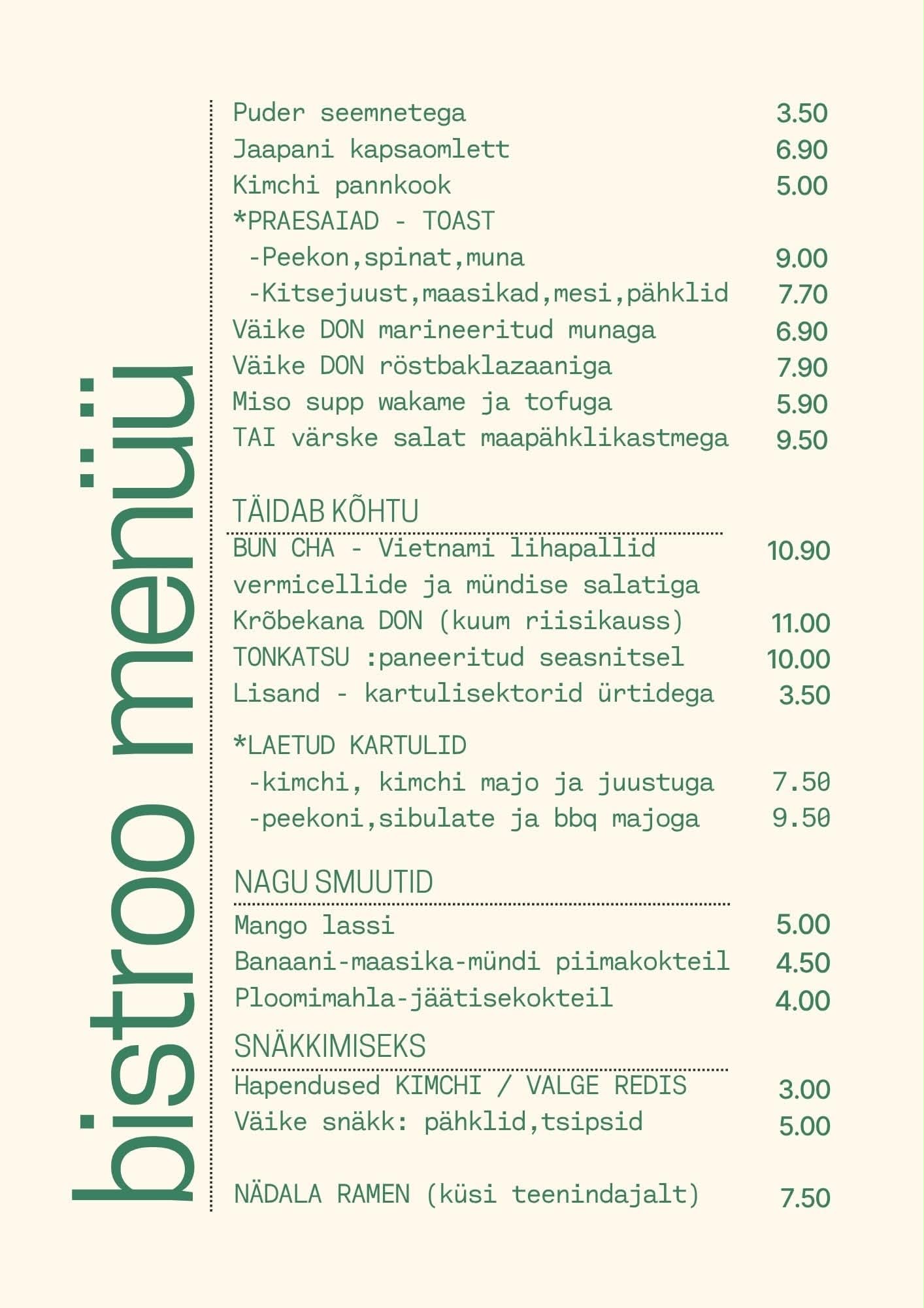 Sinu Bistroo - Bistroo menüü